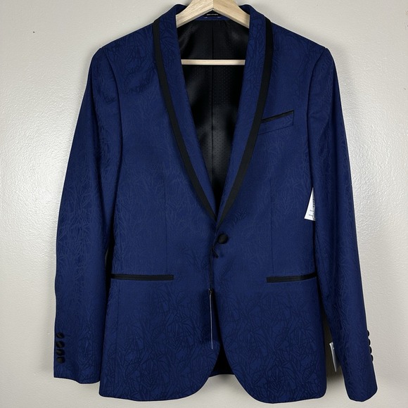 JF J Ferrar Mens 36R Blue Navy Shine Blazer Slim Fit Evening Edition Black Lapel